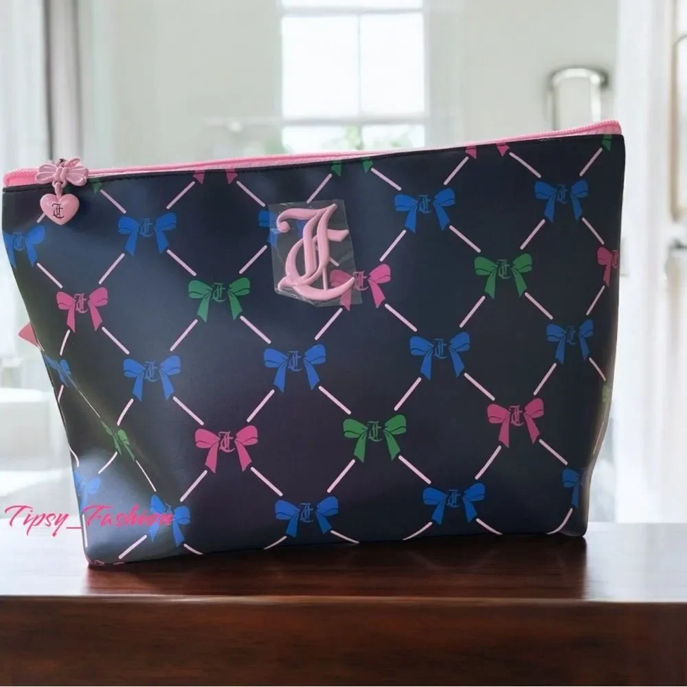 Juicy Couture Bow Print Cosmetic Bag Makeup Travel Case NWT Pink Logo Pouch